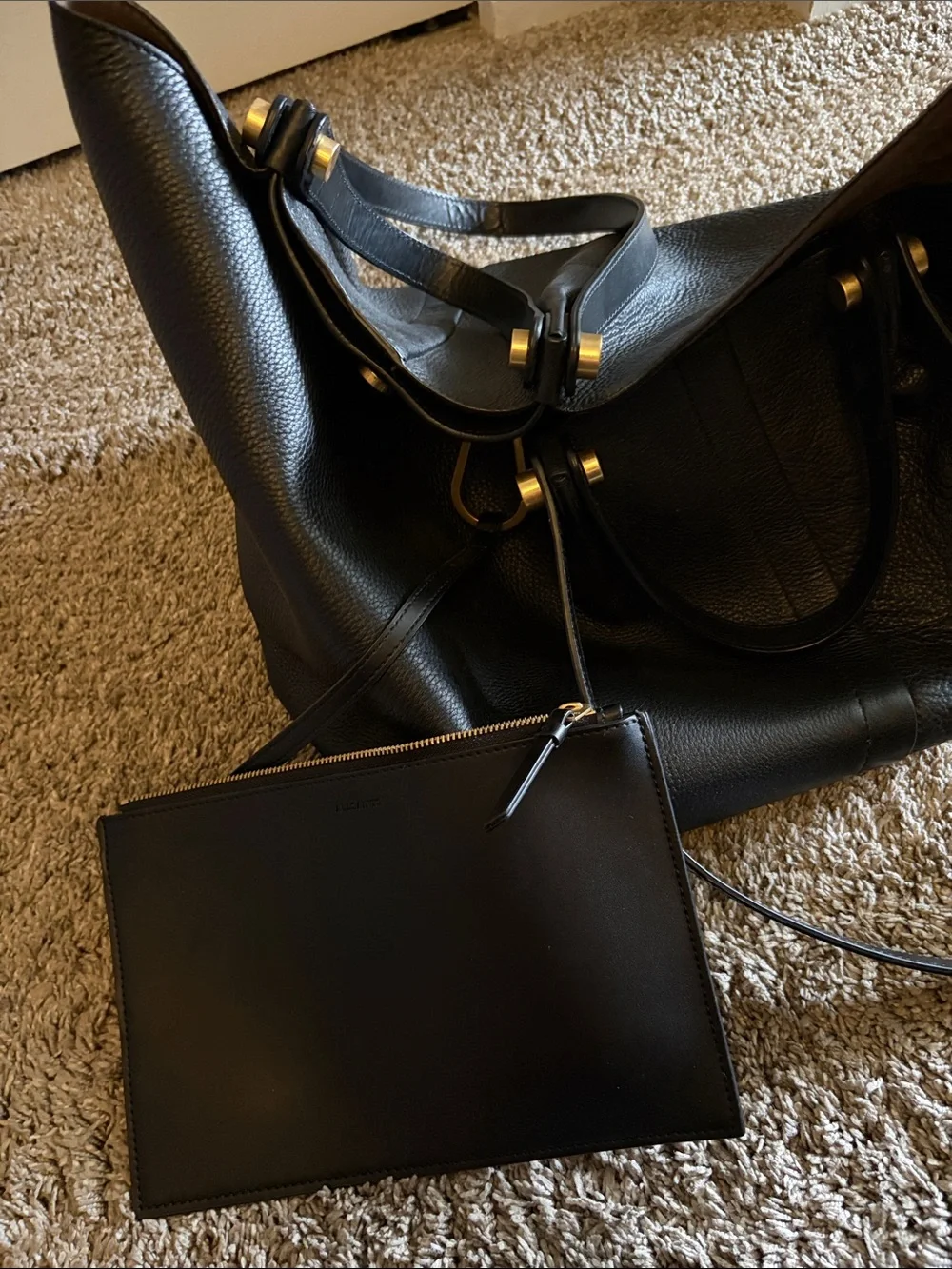 All Saints Black Leather Tote Bag with Gold Accents